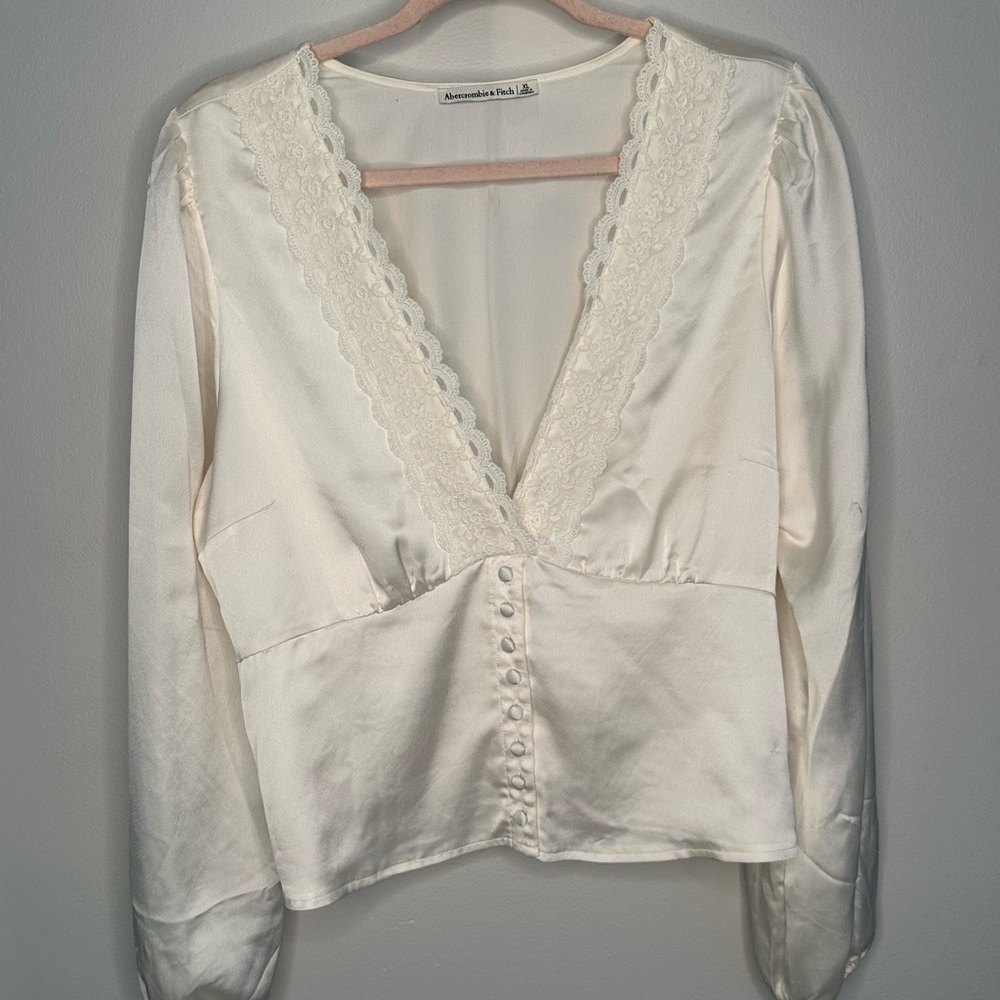 Abercrombie & Fitch Ivory Lace-Trim Satin Blouse